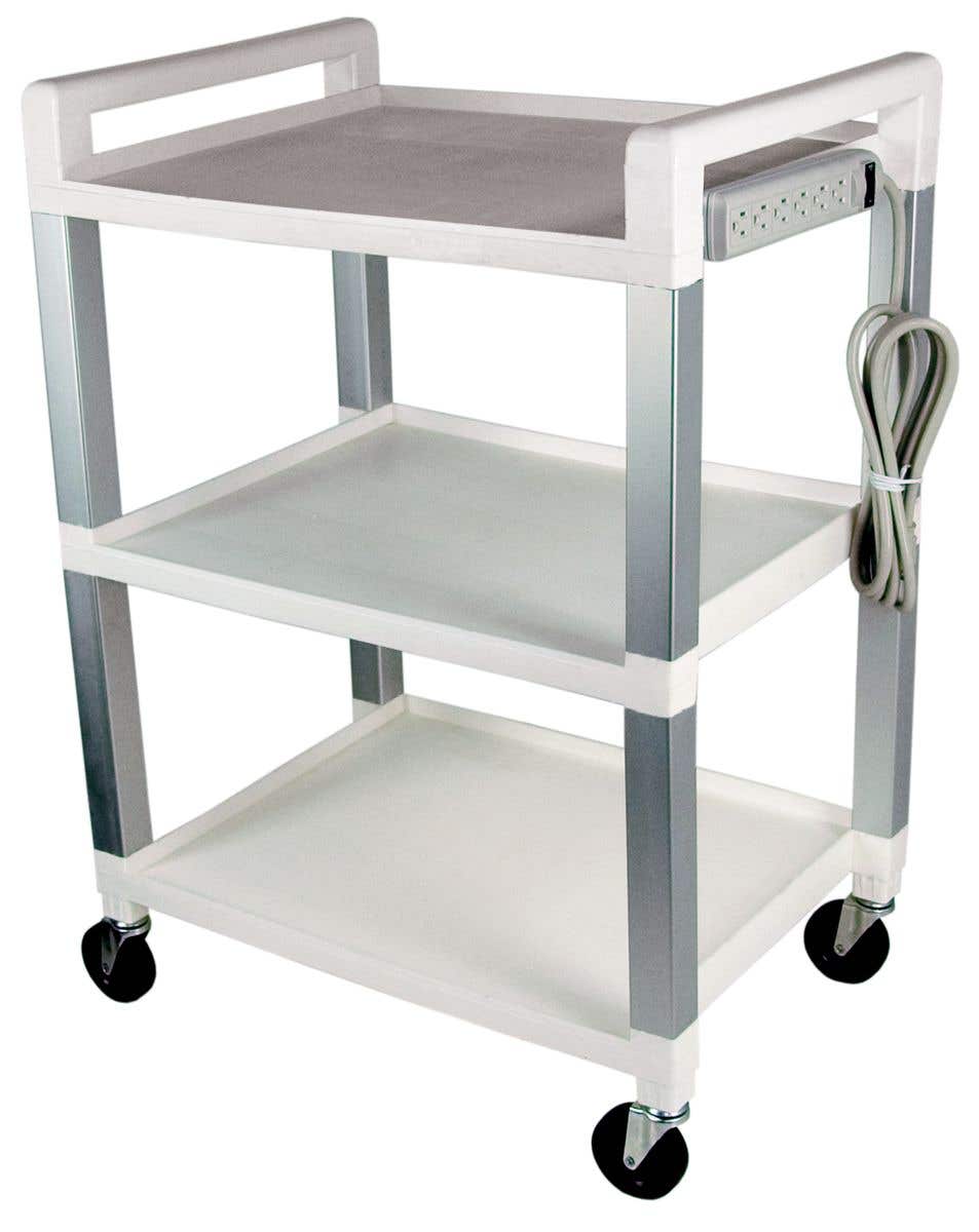 PolyThreeShelfRollingCartwithPowerStrip