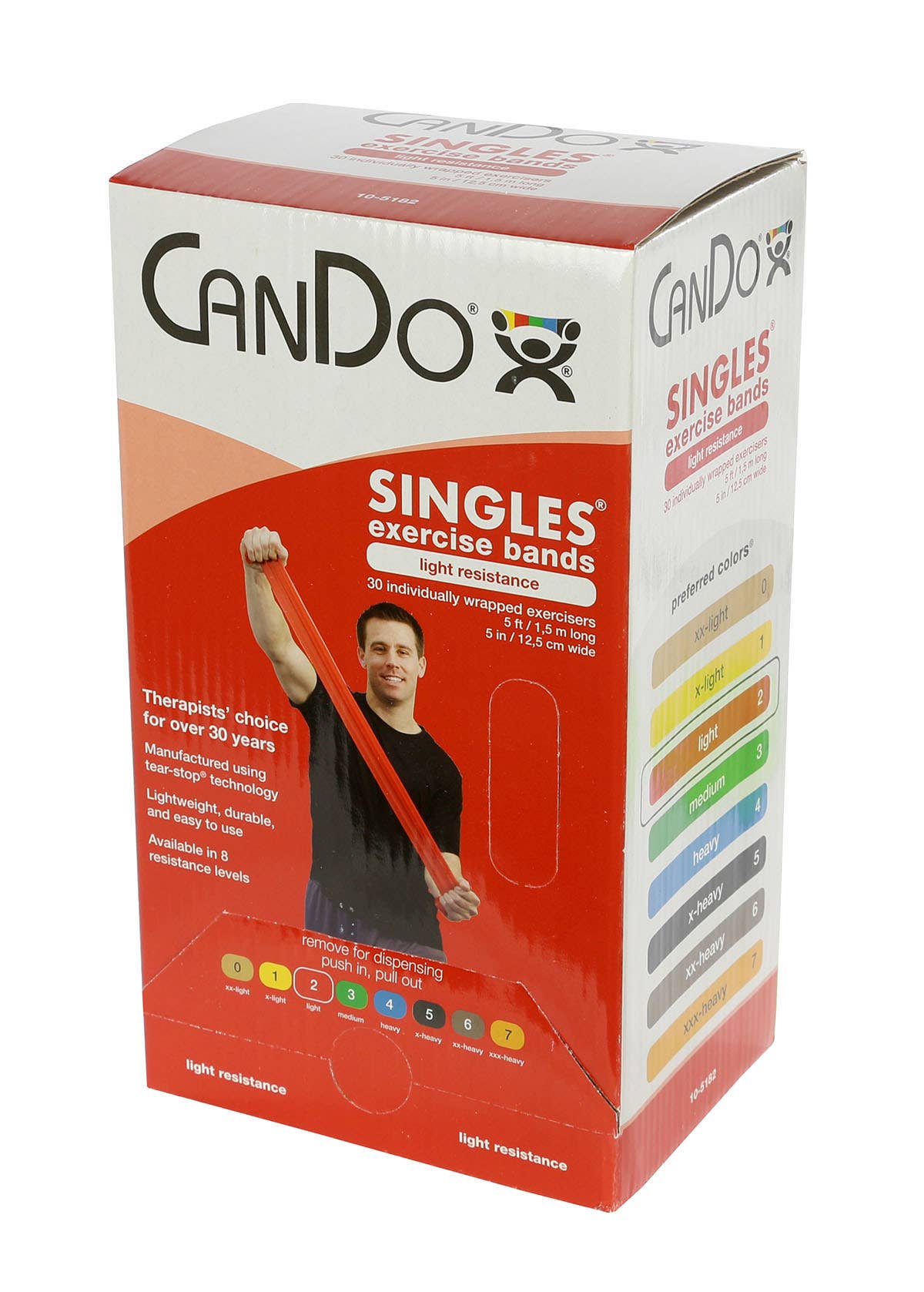 CanDoLowPowderLatexPre-CutExerciseBands-5’Singles-30PieceDispenser