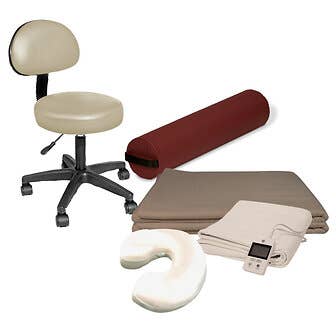 Professional Massage Bundle - Rolling Stool, Bolster, Sheets, Table Shelf & More